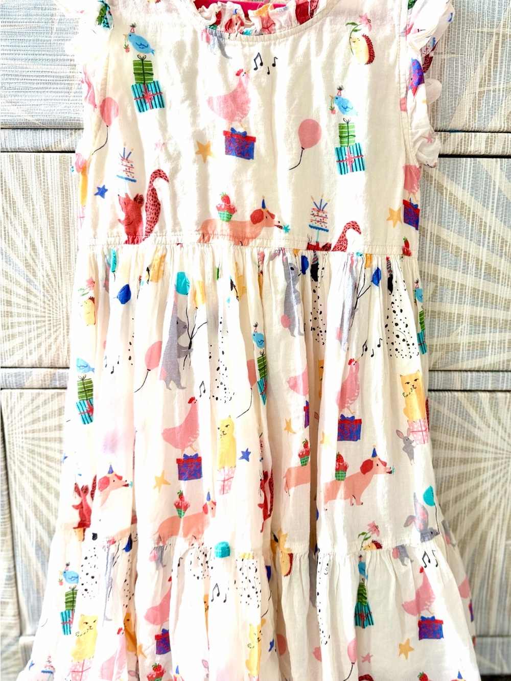 Pink Chicken White Tiered Dress with Multicolor Animal & Gift Print